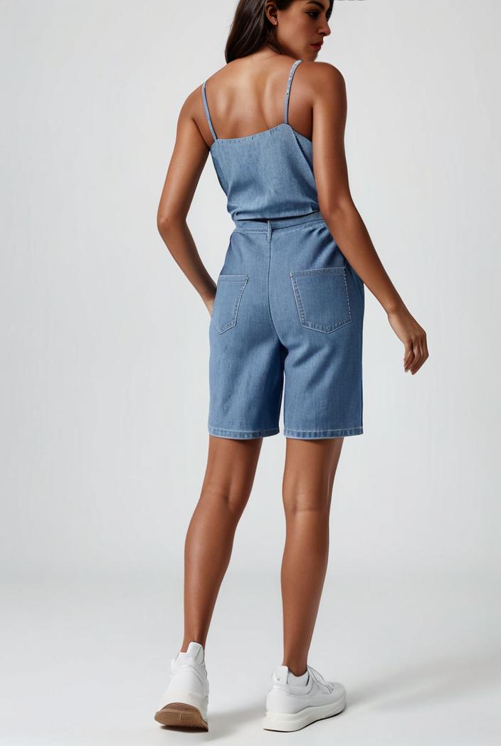 blue denim jumpsuit with distressed ripped details for women 115926