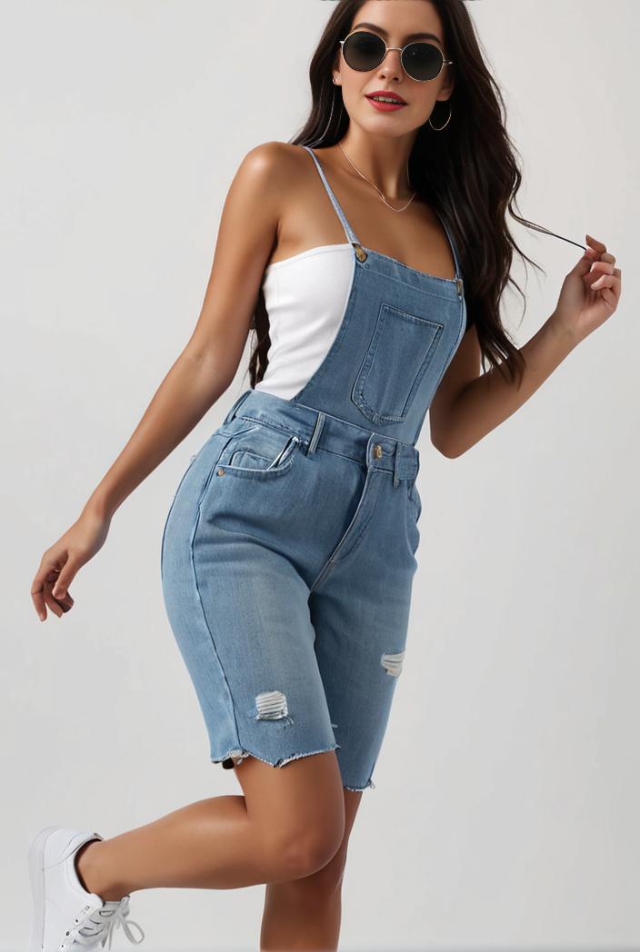blue denim jumpsuit with distressed ripped details for women 115942
