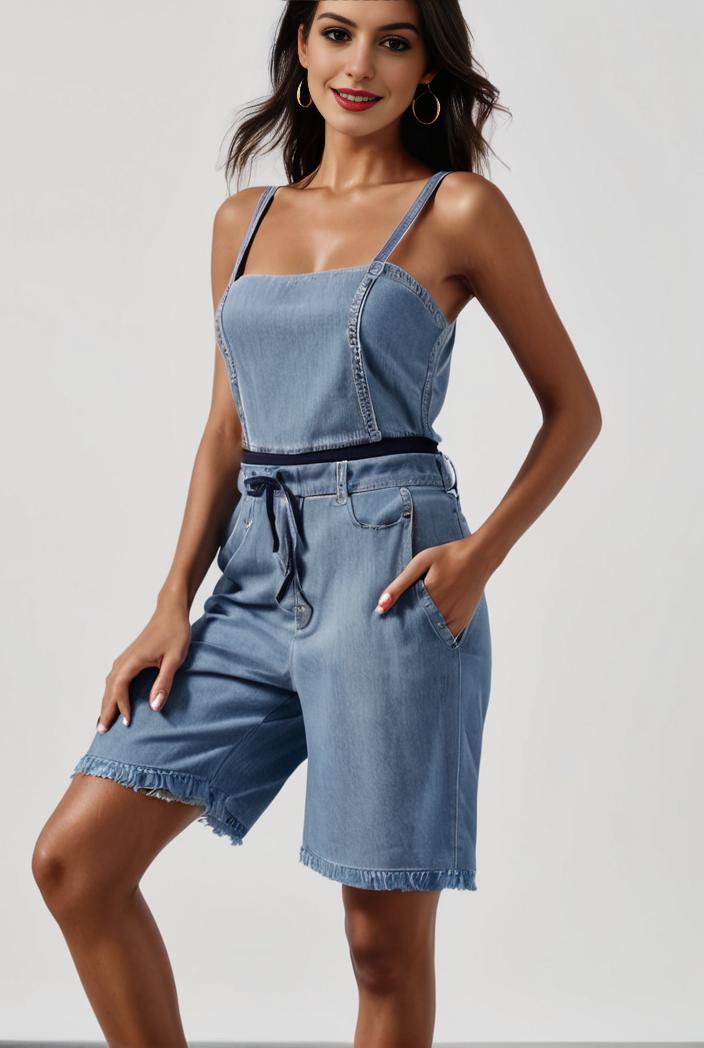 blue denim jumpsuit with distressed ripped details for women 115944