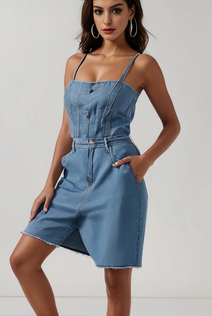 blue denim jumpsuit with distressed ripped details for women 115945