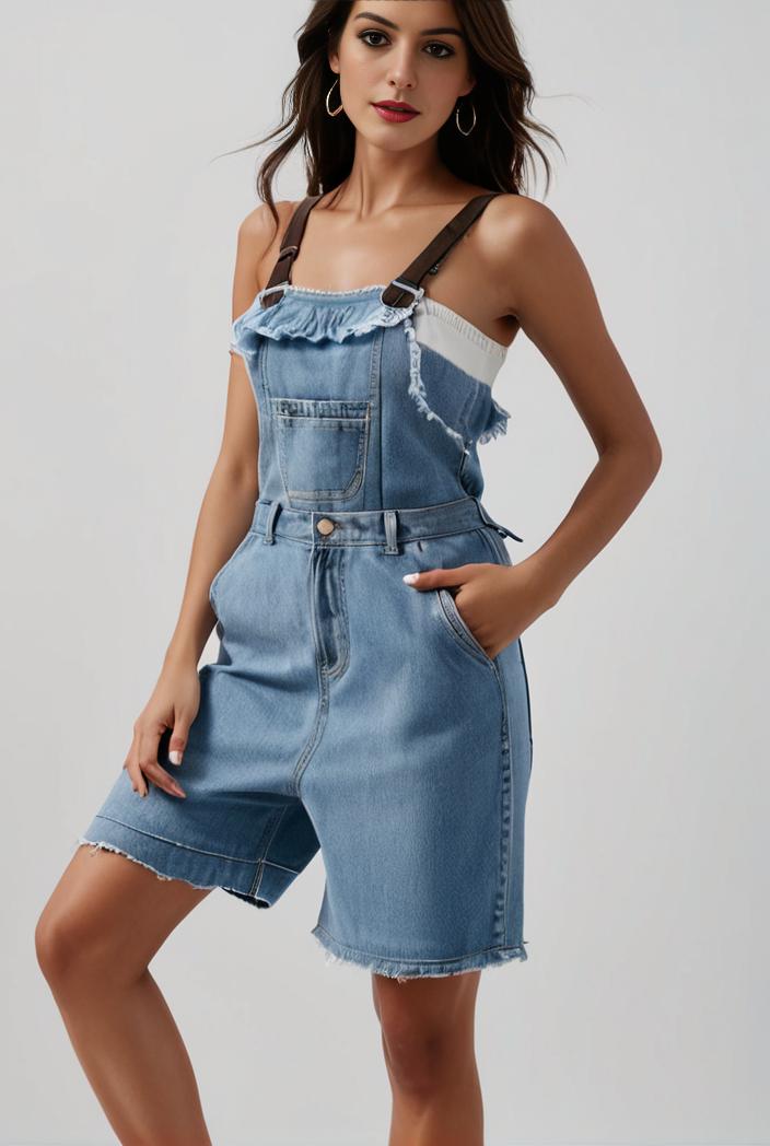 blue denim jumpsuit with distressed ripped details for women 115949