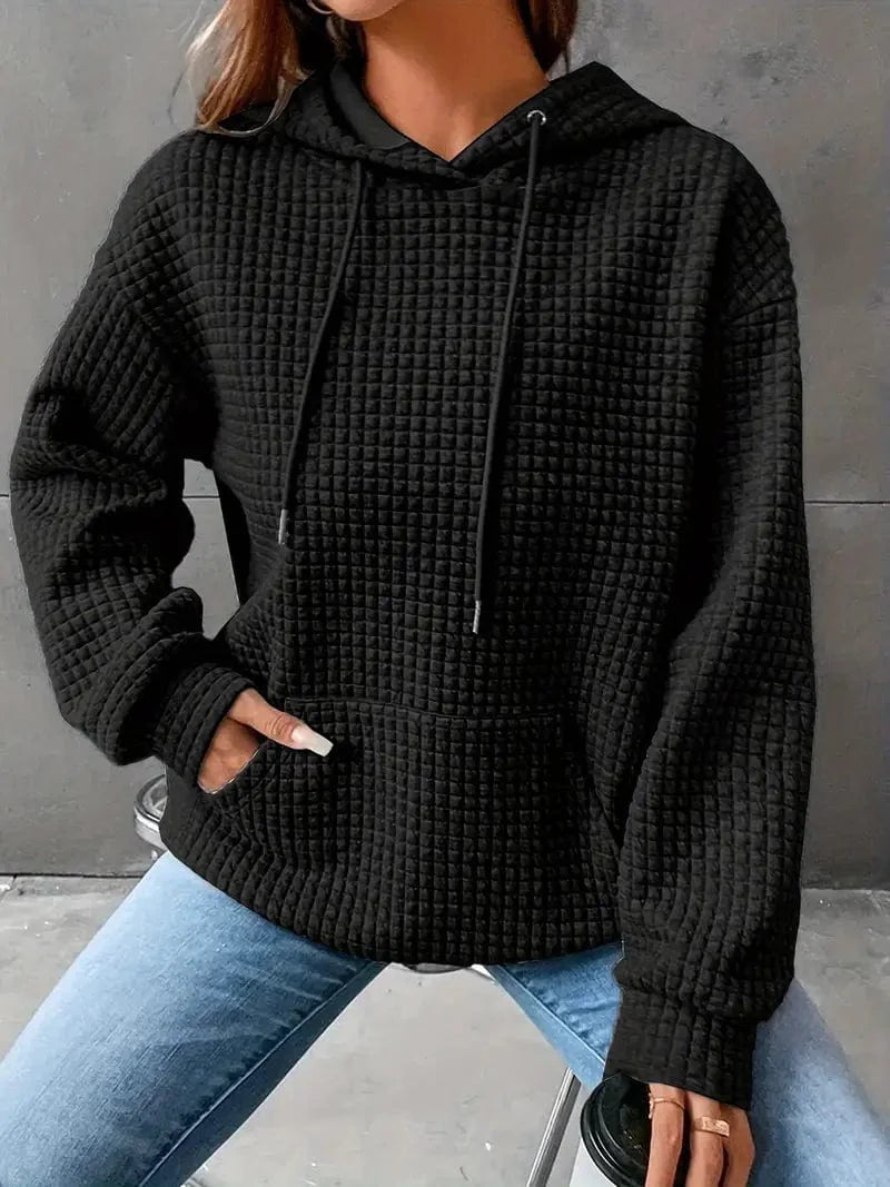 Waffle Grid Kangaroo Pocket Hoodie, Long Sleeve Drawstring Hoodies for Women