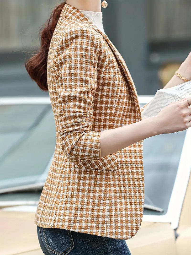 Sophisticated Houndstooth Blazer with Chic Lapel for Autumn & Winter, Women's Apparel