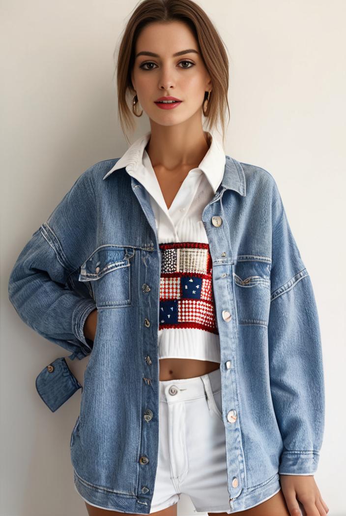 denim coat with flap pockets and lapel casual women s jacket in blue 123784