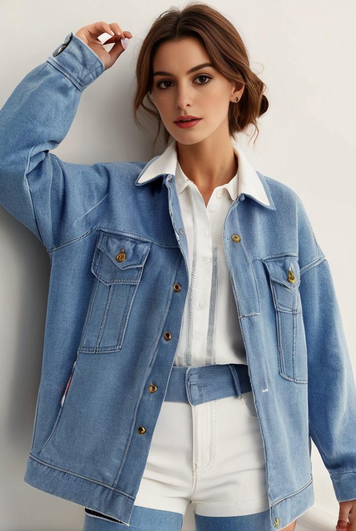 denim coat with flap pockets and lapel casual women s jacket in blue 123786