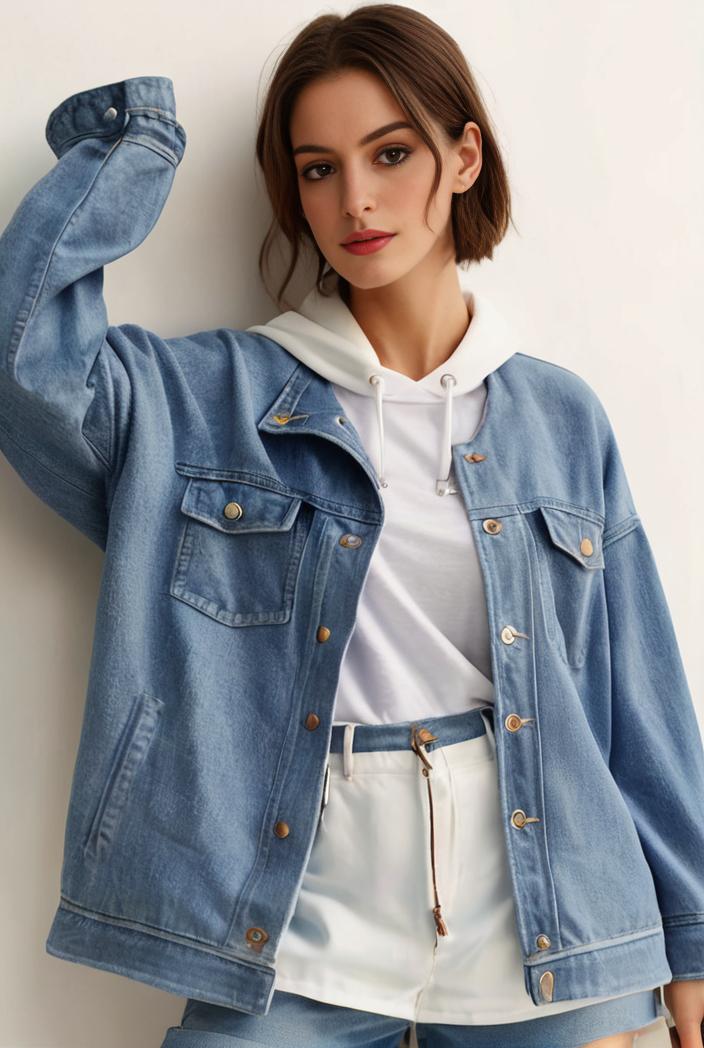 denim coat with flap pockets and lapel casual women s jacket in blue 123788