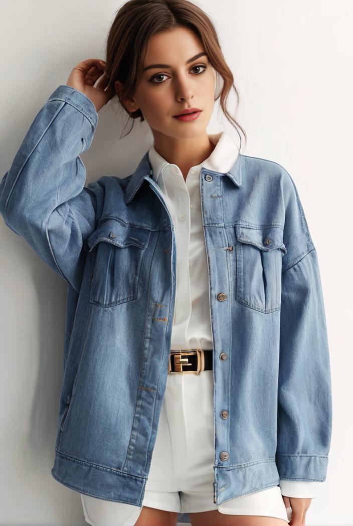 denim coat with flap pockets and lapel casual women s jacket in blue 123793