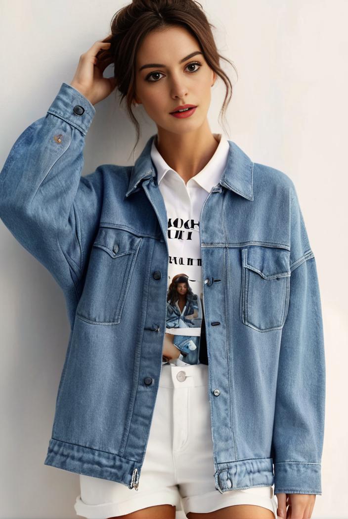 denim coat with flap pockets and lapel casual women s jacket in blue 123794