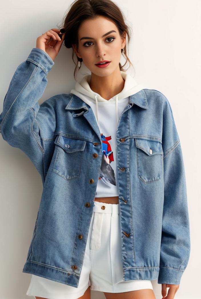 denim coat with flap pockets and lapel casual women s jacket in blue 123796