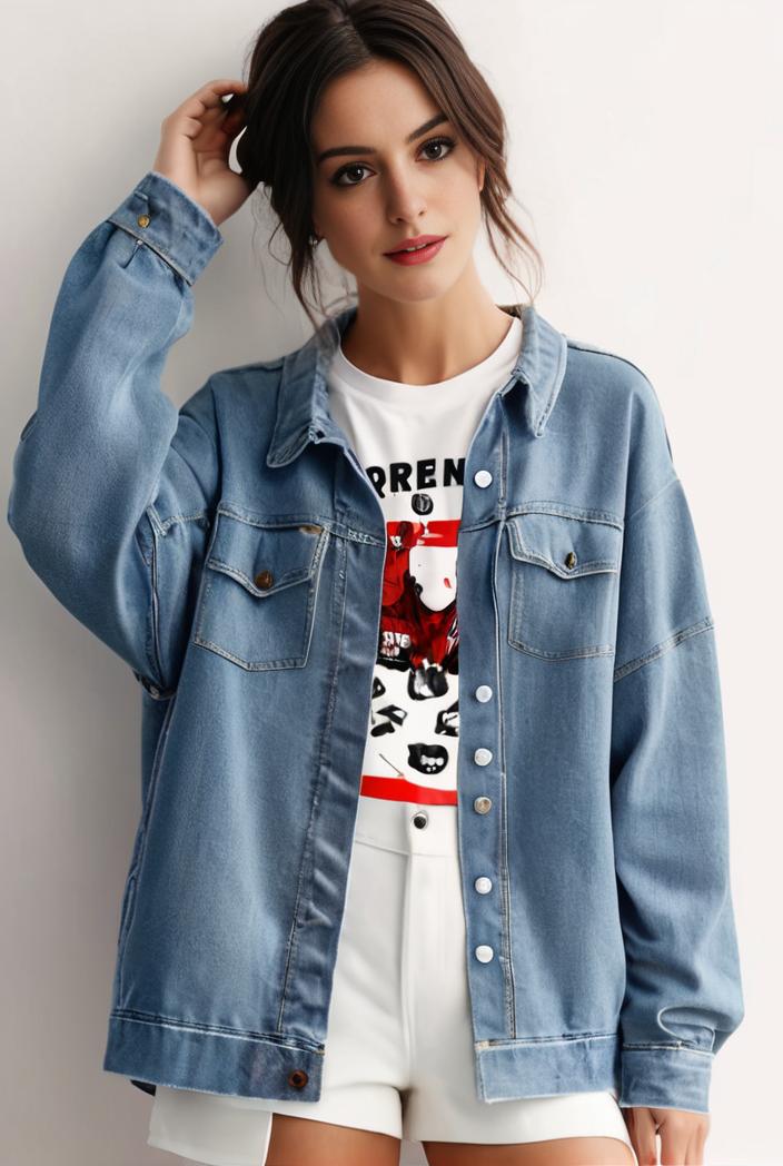 denim coat with flap pockets and lapel casual women s jacket in blue 123797