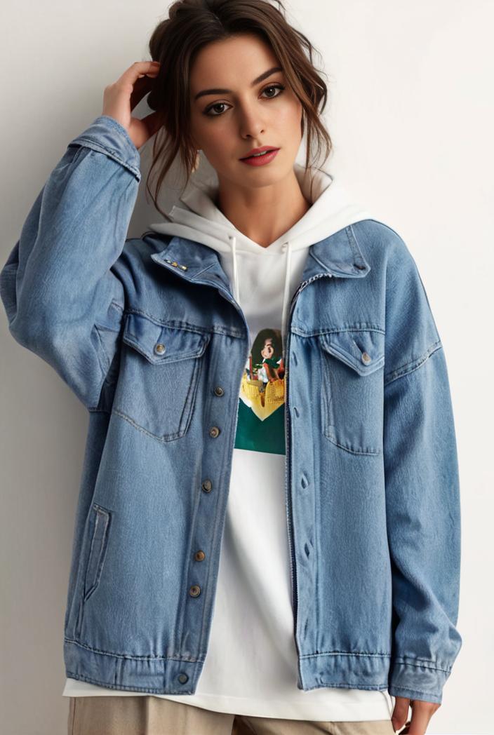 denim coat with flap pockets and lapel casual women s jacket in blue 123798