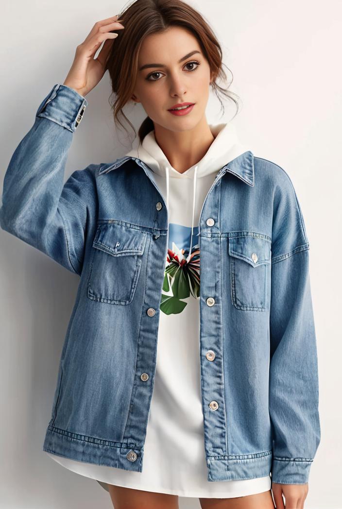 denim coat with flap pockets and lapel casual women s jacket in blue 123799