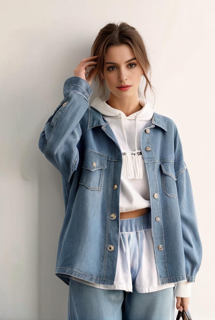 denim coat with flap pockets and lapel casual women s jacket in blue 123801