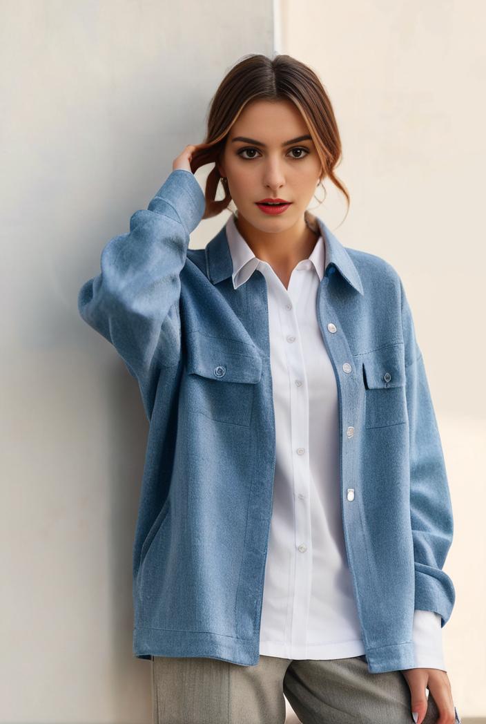 denim coat with flap pockets and lapel casual women s jacket in blue 123802