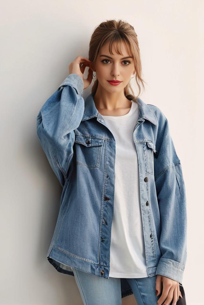 denim coat with flap pockets and lapel casual women s jacket in blue 123803