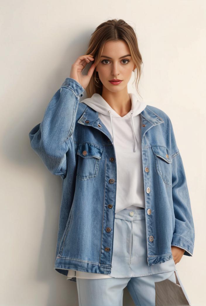 denim coat with flap pockets and lapel casual women s jacket in blue 123804