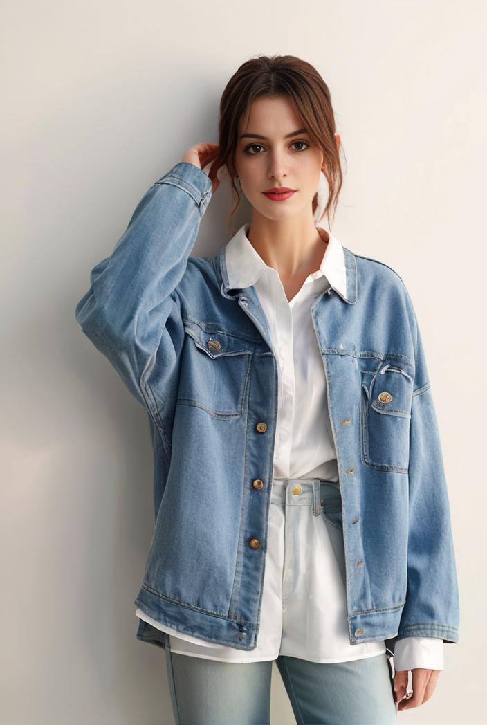 denim coat with flap pockets and lapel casual women s jacket in blue 123805