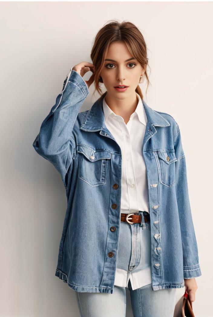 denim coat with flap pockets and lapel casual women s jacket in blue 123807