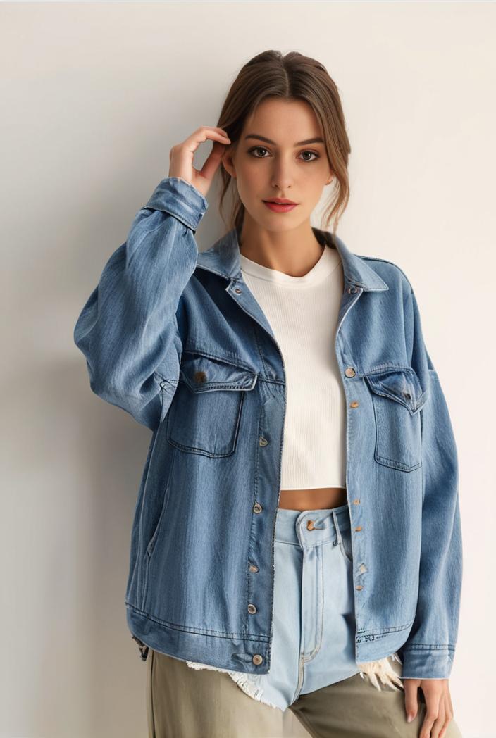 denim coat with flap pockets and lapel casual women s jacket in blue 123808