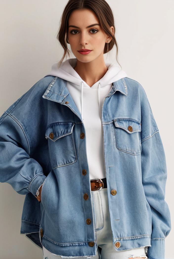 denim coat with flap pockets and lapel casual women s jacket in blue 123809
