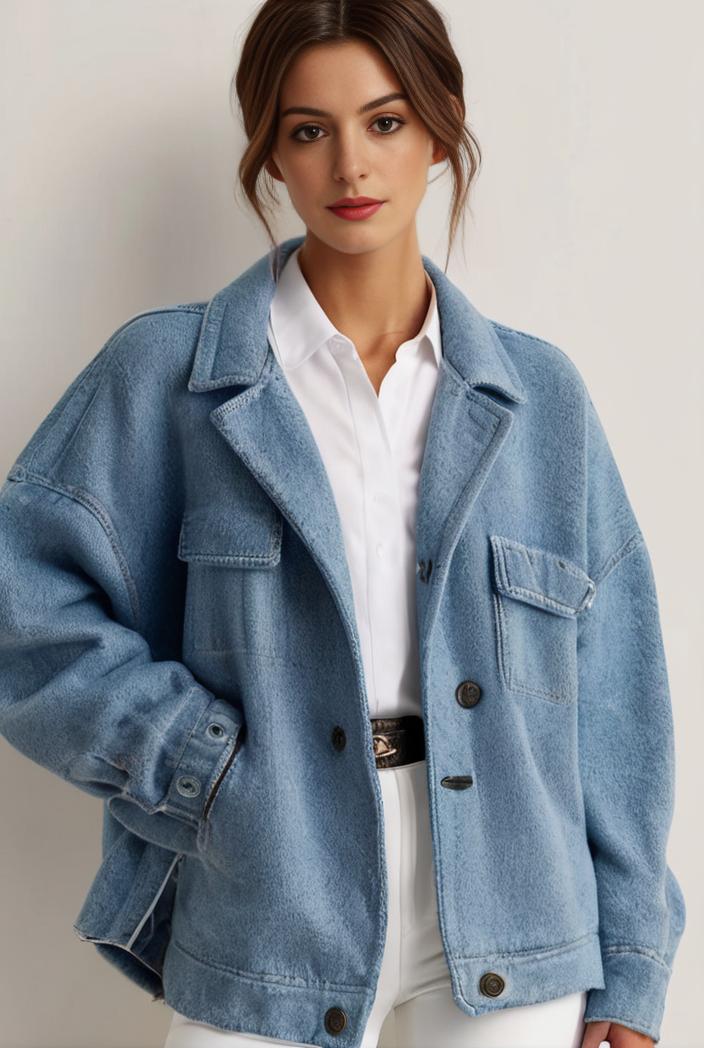 denim coat with flap pockets and lapel casual women s jacket in blue 123810