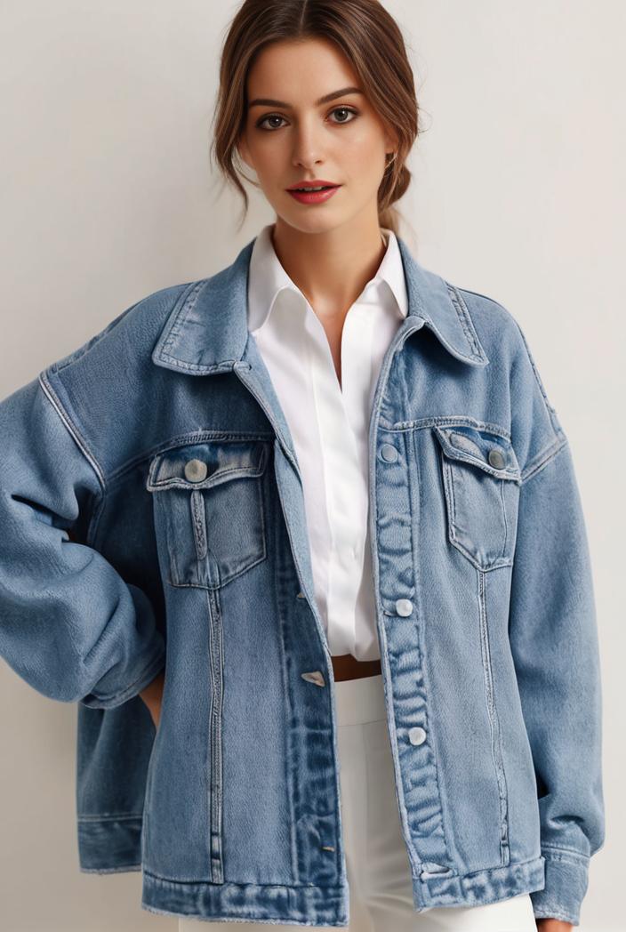 denim coat with flap pockets and lapel casual women s jacket in blue 123811
