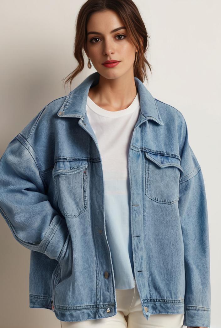 denim coat with flap pockets and lapel casual women s jacket in blue 123814
