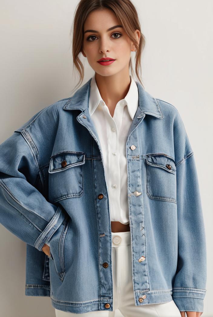 denim coat with flap pockets and lapel casual women s jacket in blue 123816