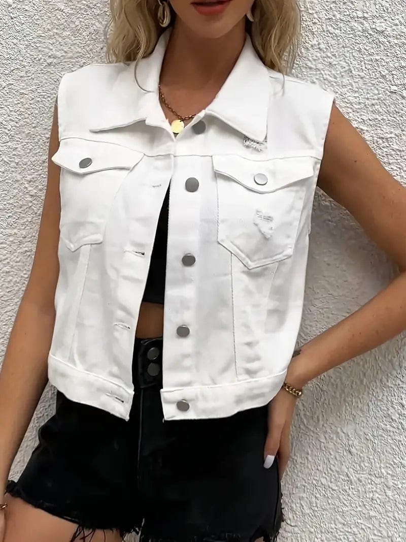 Sleeveless White Denim Vest with Ripped Holes and Button-Up Pockets, Women's Sleeveless Denim Jacket