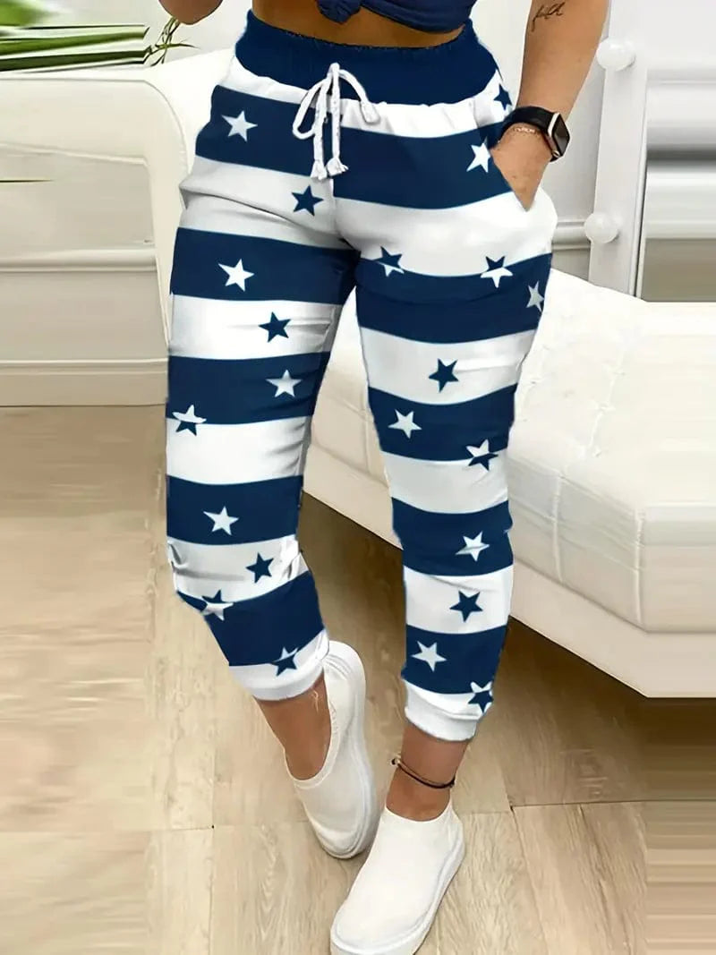 Striped & Star Printed Drawstring Trousers for Spring & Summer, Women's Apparel