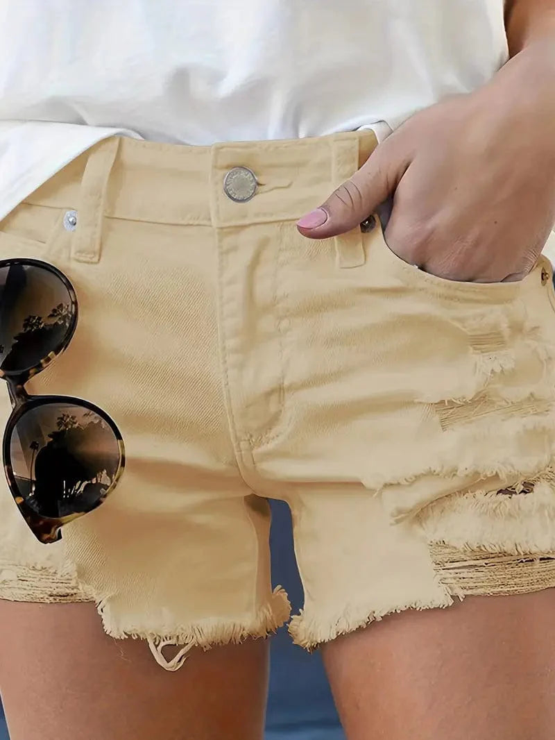 High Waisted White Denim Shorts with Raw Hem and Distressed Pockets