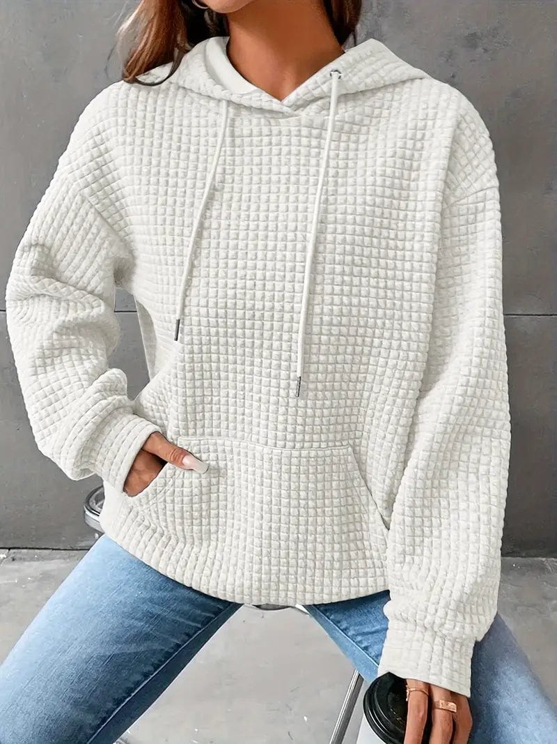 Waffle Grid Kangaroo Pocket Hoodie, Long Sleeve Drawstring Hoodies for Women