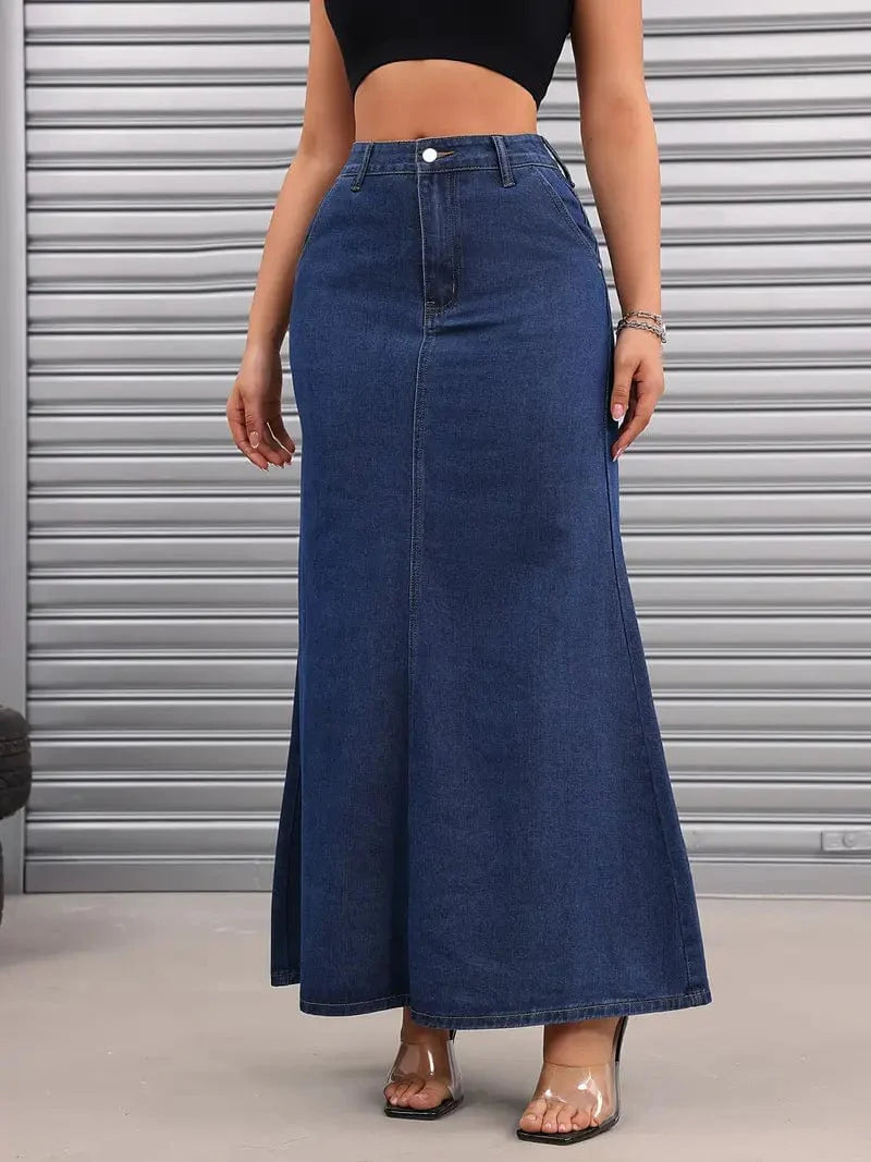 Versatile Women's Denim Maxi Skirt with Slant Pockets