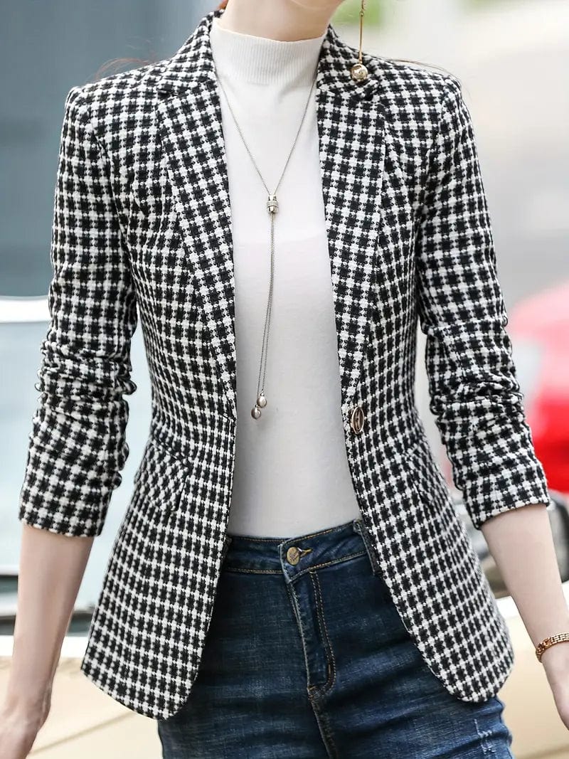 Sophisticated Houndstooth Blazer with Chic Lapel for Autumn & Winter, Women's Apparel