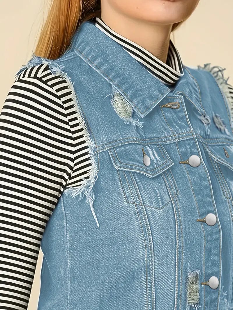 Washed Denim Sleeveless Vest with Distressed Ripped Lapel, Women's Denim Jacket Collection