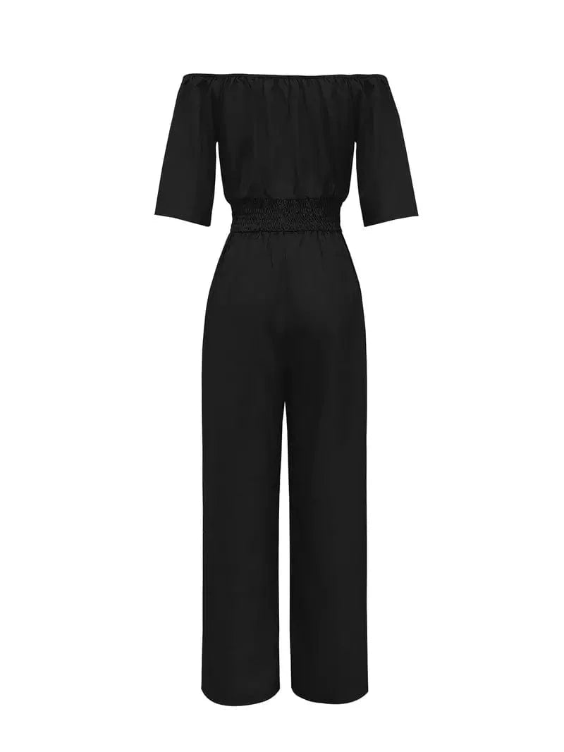Off Shoulder Wide Leg Jumpsuit for Women: Stylish Casual Short Sleeve Outfit for Spring & Summer
