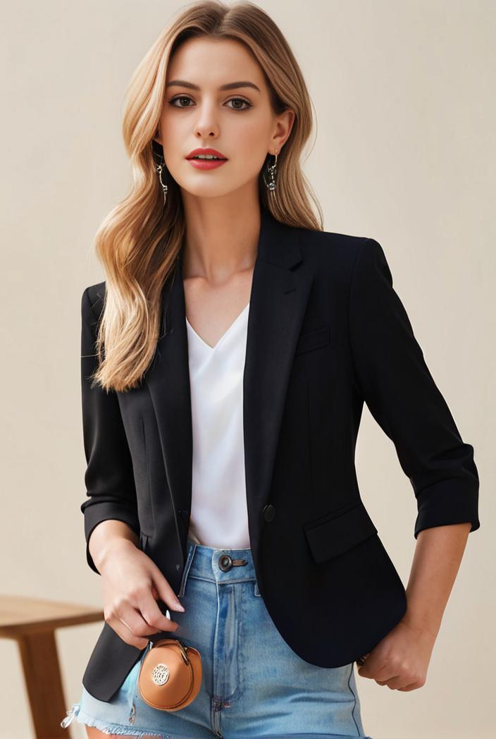 ladies solid button up blazer with long sleeves casual lapel design 132898