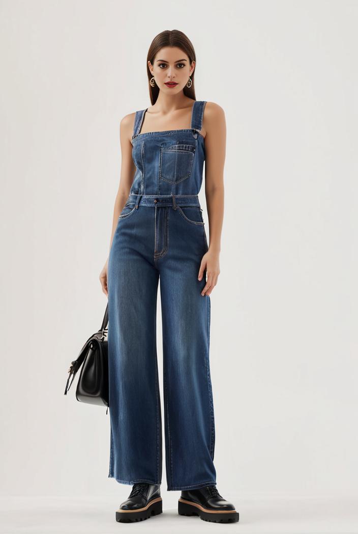 relaxed fit blue denim romper with slant pockets distressed denim coverall stylish women s denim outfit 114831