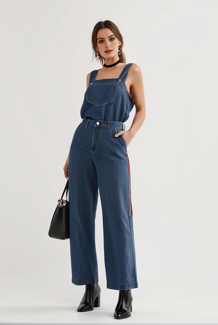 relaxed fit blue denim romper with slant pockets distressed denim coverall stylish women s denim outfit 114834