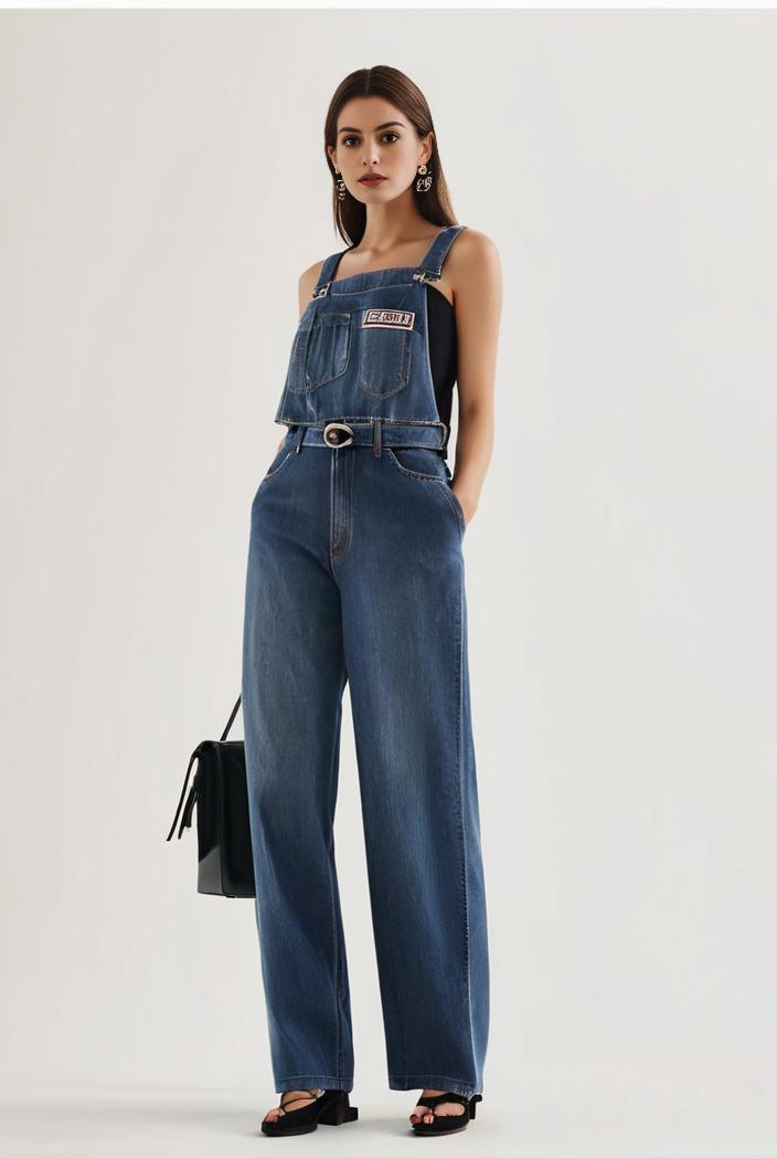relaxed fit blue denim romper with slant pockets distressed denim coverall stylish women s denim outfit 114839