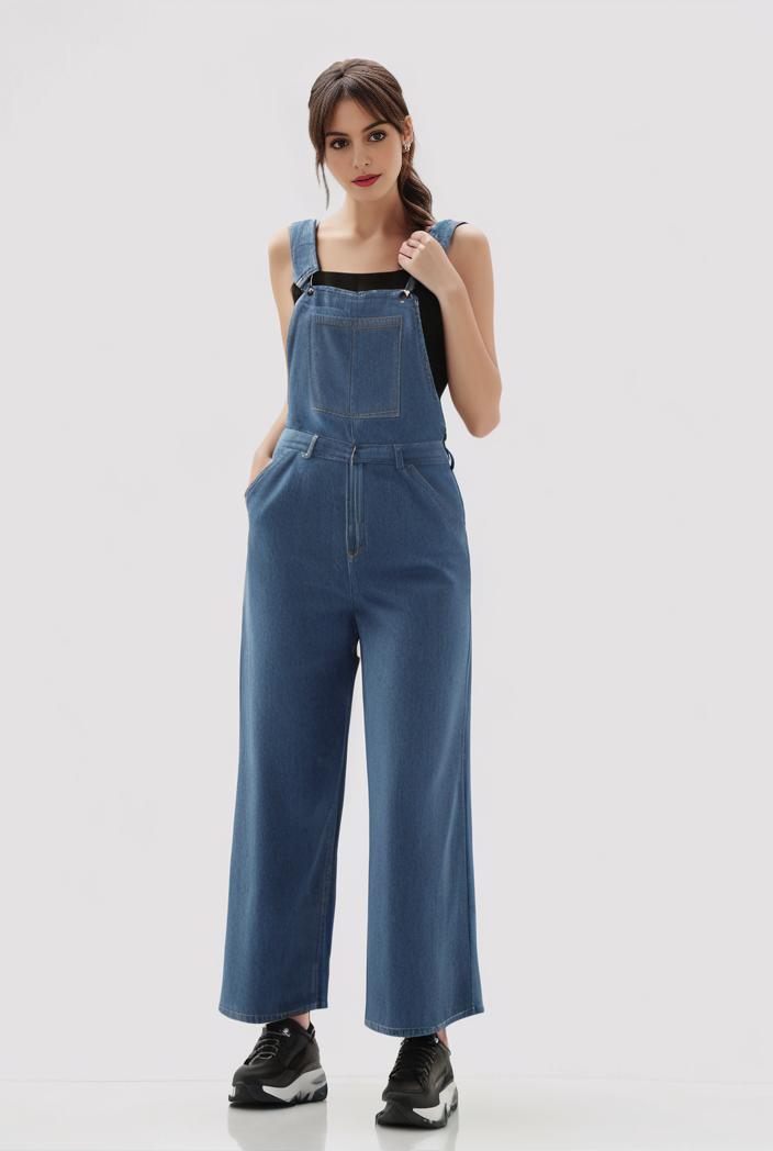 relaxed fit blue denim romper with slant pockets distressed denim coverall stylish women s denim outfit 114854