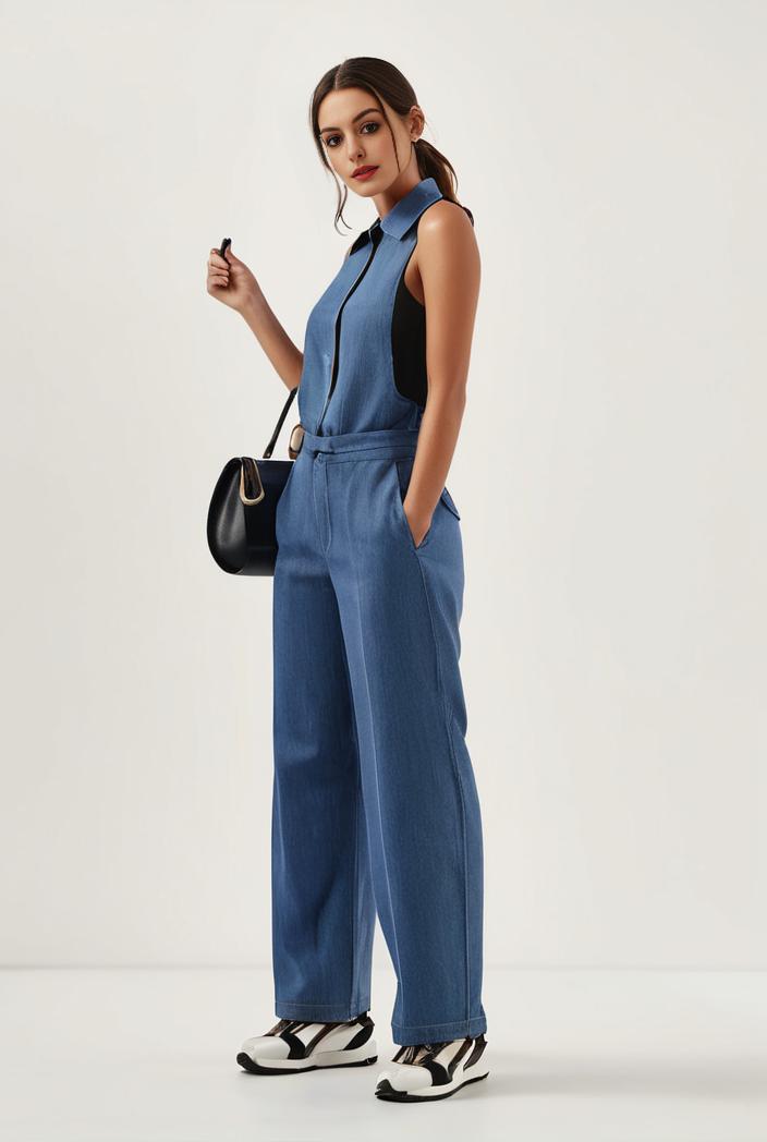 relaxed fit blue denim romper with slant pockets distressed denim coverall stylish women s denim outfit 114865