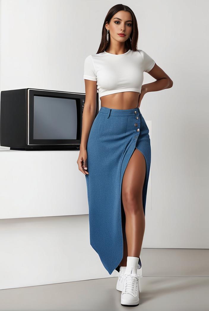 split thigh casual denim midi skirt with slant pockets 121395