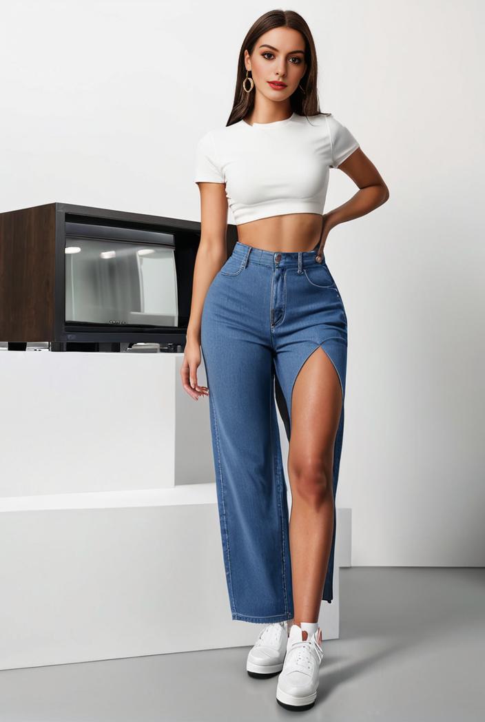 split thigh casual denim midi skirt with slant pockets 121400