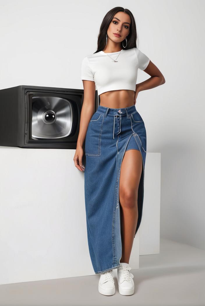 split thigh casual denim midi skirt with slant pockets 121401