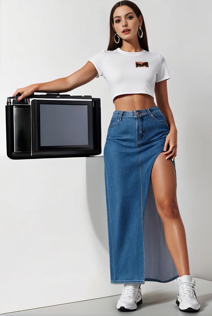 split thigh casual denim midi skirt with slant pockets 121403