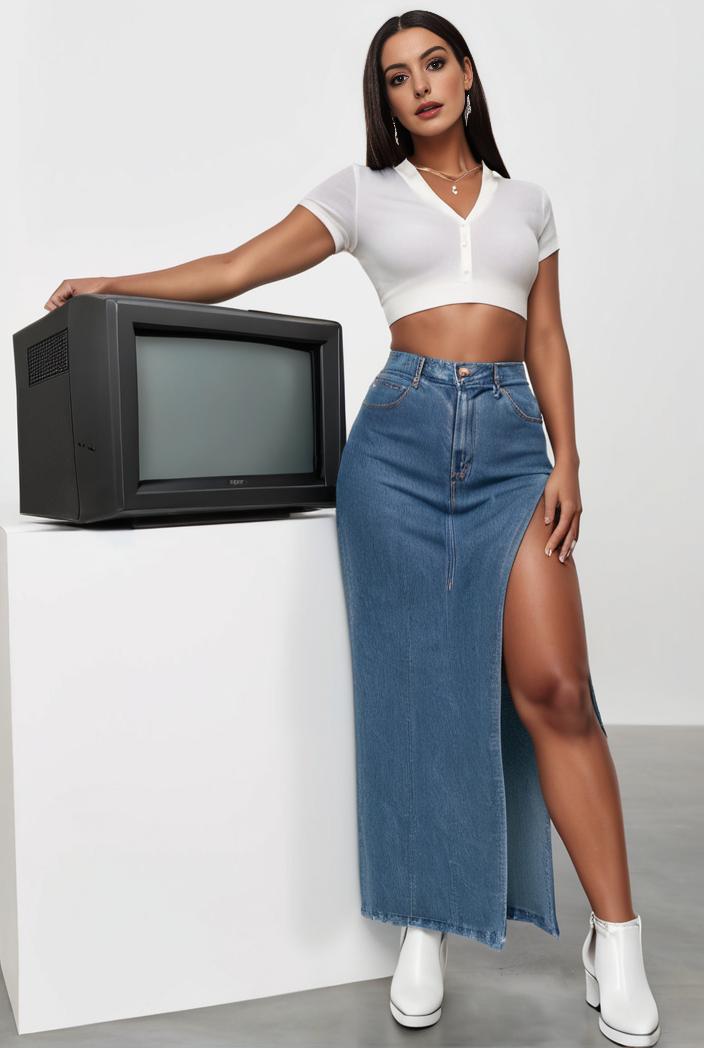 split thigh casual denim midi skirt with slant pockets 121406