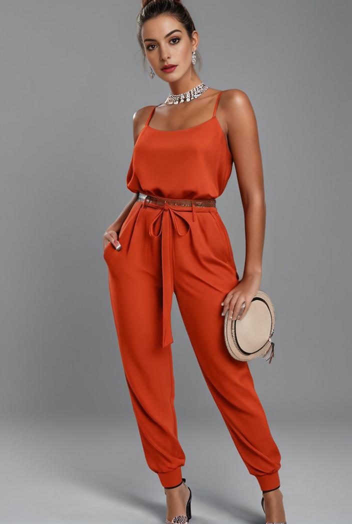 stylish sleeveless jumpsuit with tie waist and flap pockets for women 122260
