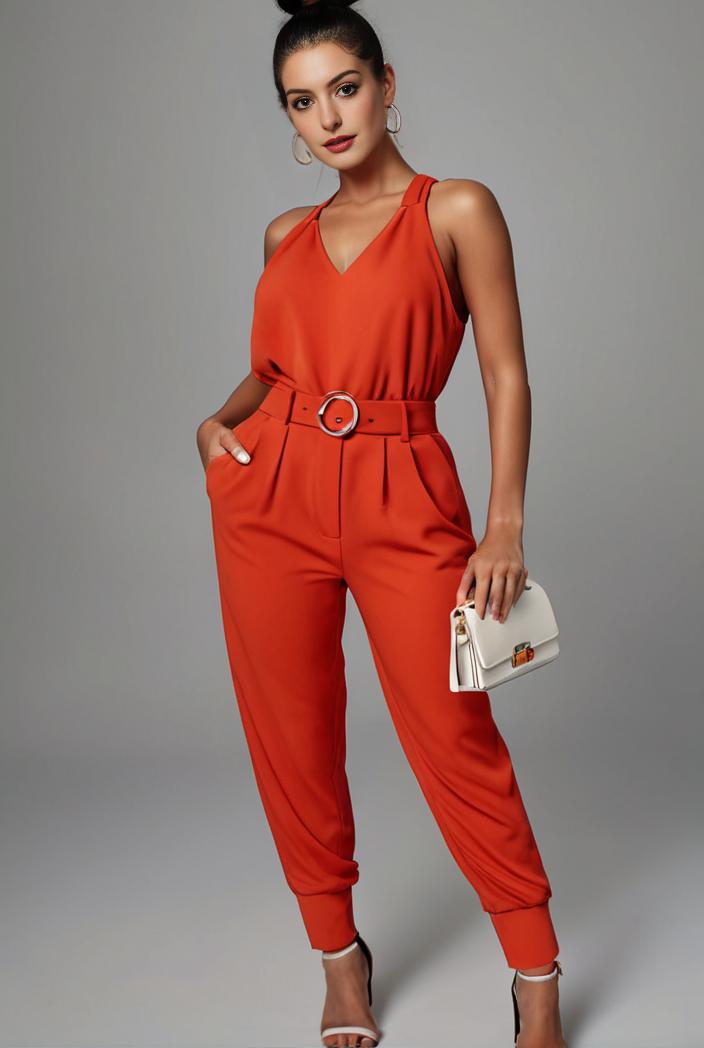 stylish sleeveless jumpsuit with tie waist and flap pockets for women 122265