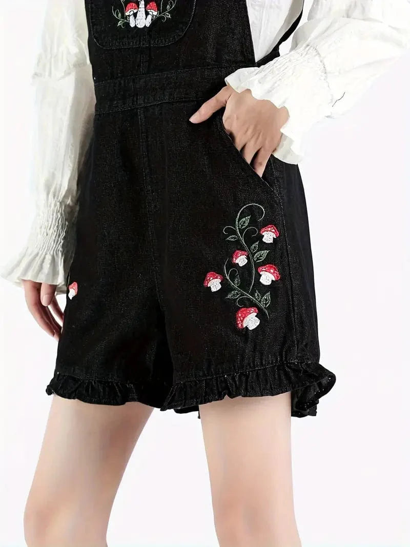Mushroom Embellished Denim Shortall with Lettuce Trim and Slant Pockets, Niche Denim Jumpsuit, Women's Denim Apparel
